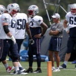 The Patriots offensive line practicing in August, 2018.