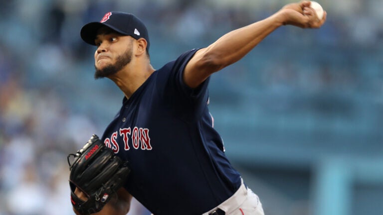 Eduardo Rodriguez pitching for the Red Sox in Game 4 of the 2018 World Series.
