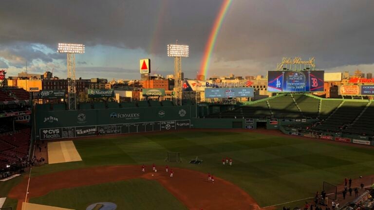 A rainbow is seen over Fenway Park before Game 2 of the World Series.