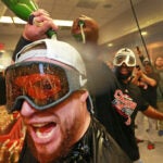Red Sox celebrate in Yankee Stadium.