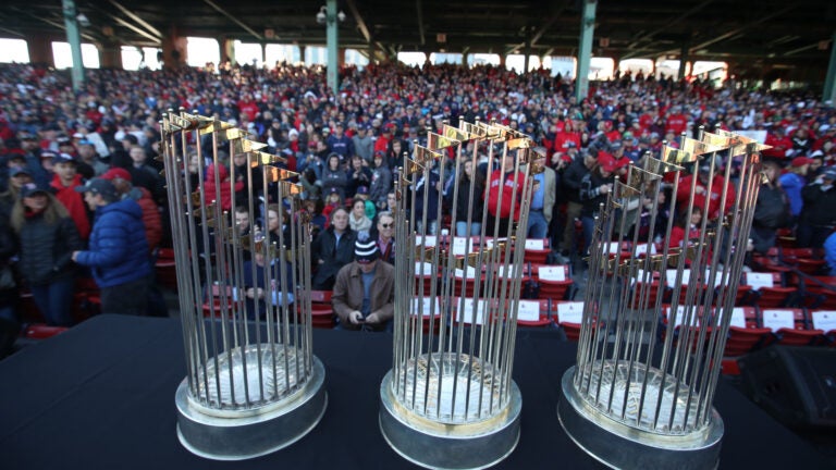 World Series trophies at Fenway victory parade