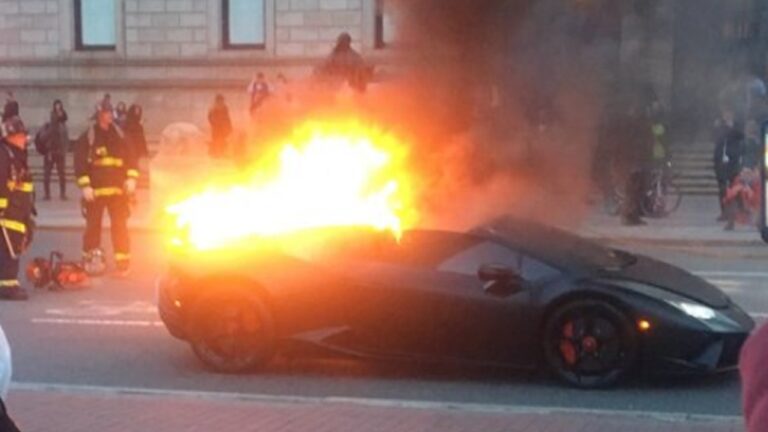 A Lamborghini caught fire near the Boston Public Library