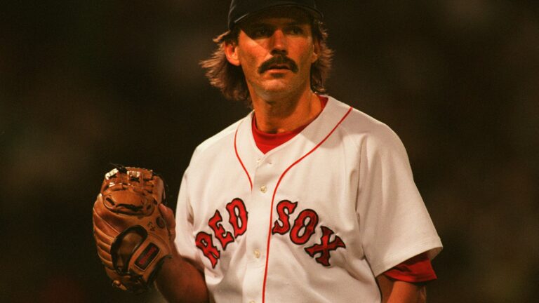 Pitcher Dennis Eckersley of the Boston Red Sox winds up for the