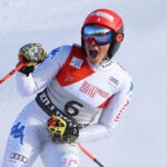Federica Brignone of Italy reacts after winning the Giant Slalom at the Audi FIS Ski World Cup on November 24, 2018 in Killington, Vermont.