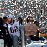 Joe Thuney and David Andrews at the Super Bowl parade.