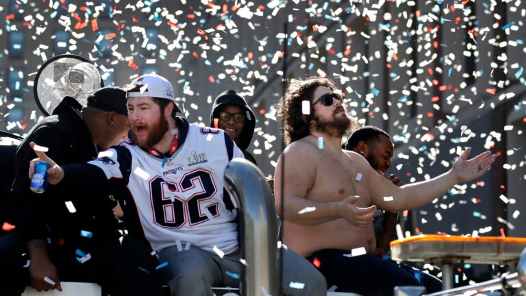 Joe Thuney and David Andrews at the Super Bowl parade.