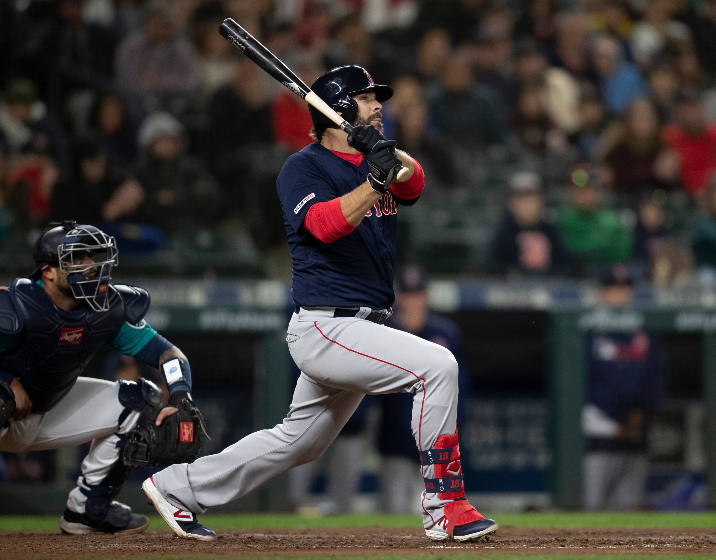 Mitch Moreland of the Boston Red Sox looks on during batting practice