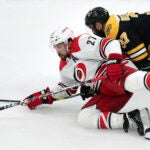 Justin Faulk Patrice Bergeron Bruins Hurricanes