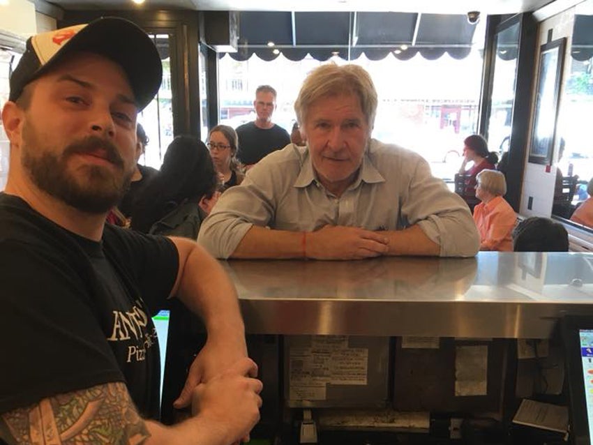 Harrison Ford at Antonio's Pizza in Amherst, Mass. in 2018.