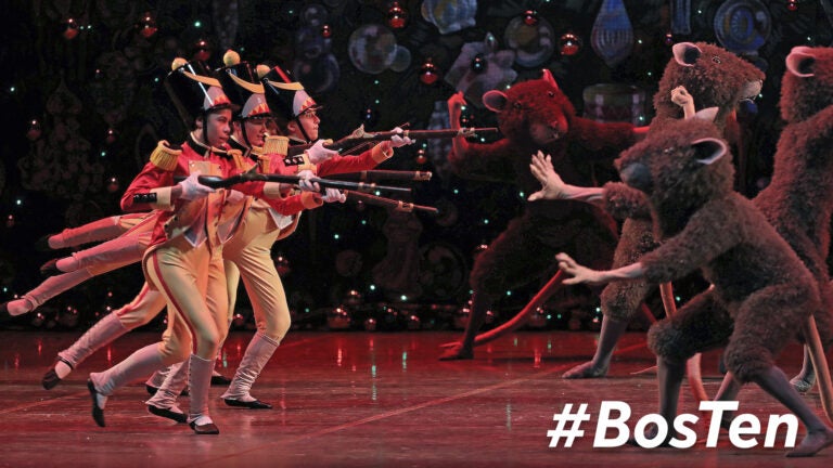 Dancers are pictured during the battle scene at a dress rehearsal of the Boston Ballet's Nutcracker held at the Boston Opera House. (Jim Davis/Globe Staff)