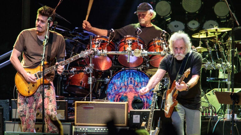From left, John Mayer, Mickey Hart and Bob Weir perform with Dead & Company at TD Garden in Boston on November 17, 2017.