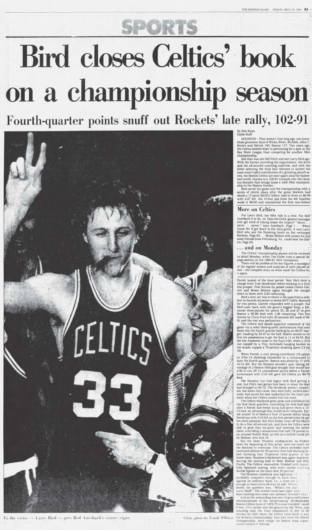 1981 Boston Celtics Larry Bird Red Auerbach Globe Sports