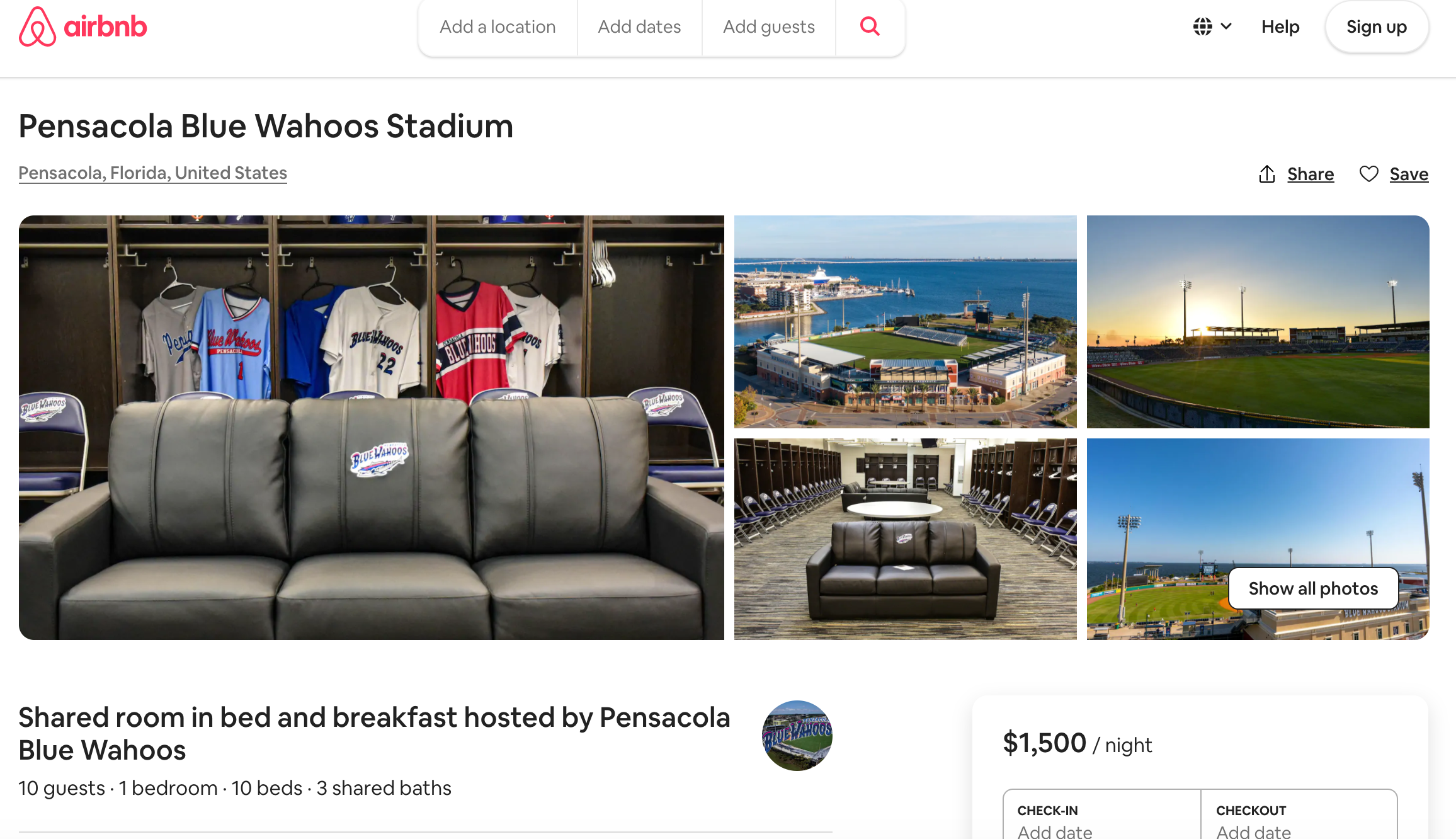 Florida baseball team Pensacola Blue Wahoos have listed their entire  stadium on Airbnb for $5,000 a night. Get the full ballpark…