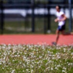 A runner on the track behind Harvard Stadium.
