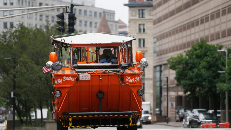 A duck boat arrives on Huntington Avenue.
