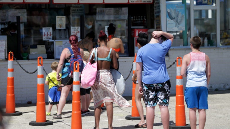 Beachgoers line up for food on Salisbury Beach.