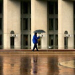 The Christian Science Center plaza during heavy rain.