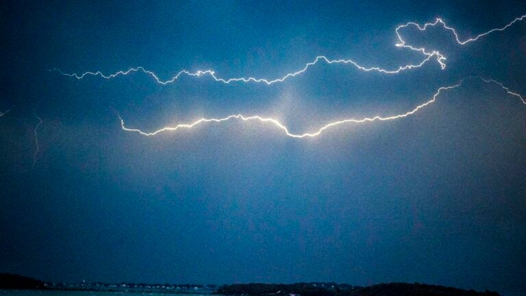 Lightning over Hull and Quincy Bay on Wednesday.