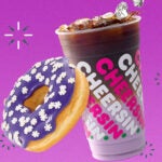 Sugarplum macchiato and frosted snowflake doughnut from Dunkin'