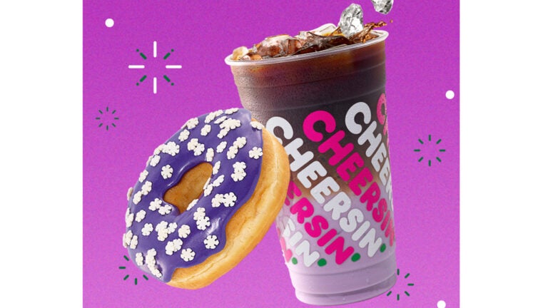 Sugarplum macchiato and frosted snowflake doughnut from Dunkin'