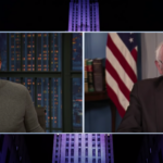 Seth Meyers and Bernie Sanders.