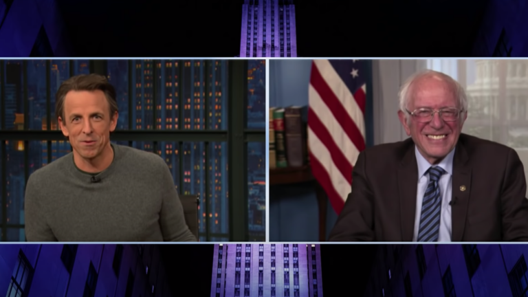 Seth Meyers and Bernie Sanders.
