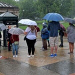 Boston weather -- Tourists dodge the rain while on a Freedom Trail tour at the Boston Common.