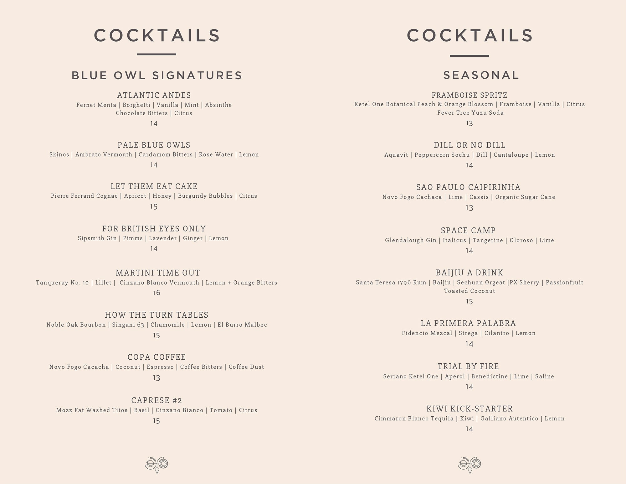 Blue Owl cocktail menu