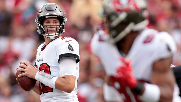 Quarterback Tom Brady of the Tampa Bay Buccaneers looks to pass