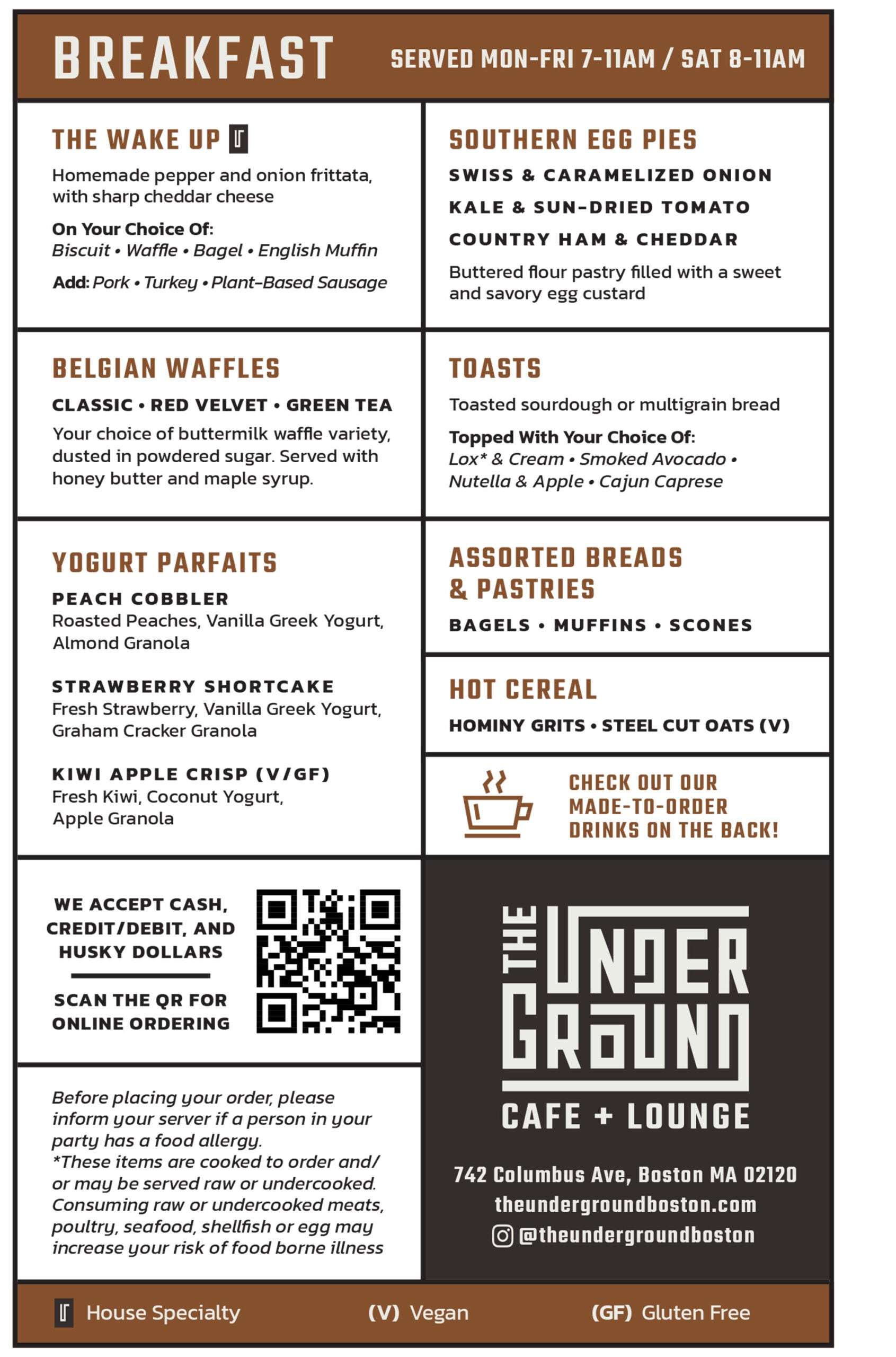 The Underground Cafe + Lounge menu