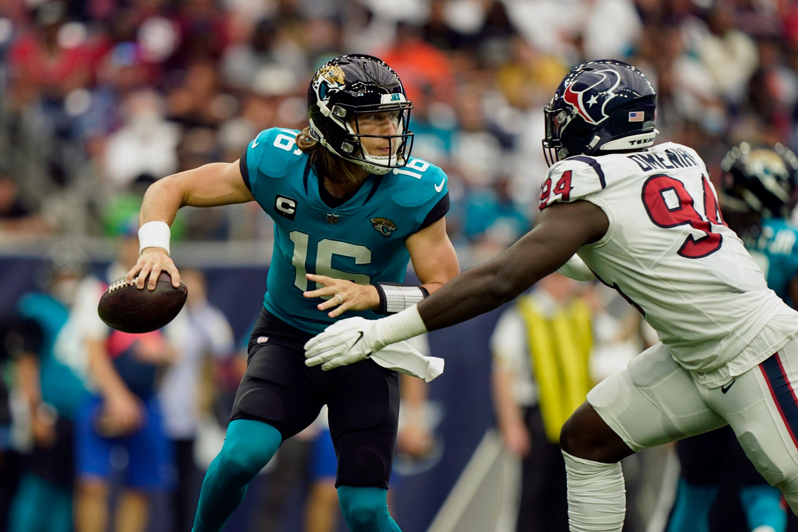 Houston, TX, USA. 12th Sep, 2021. A Jacksonville Jaguars helmet sits on the  field prior to an NFL football game between the Jacksonville Jaguars and  the Houston Texans at NRG Stadium in