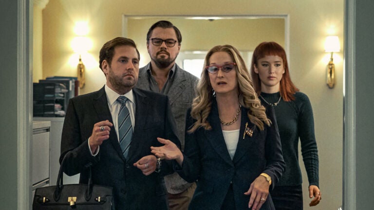 Jonah Hill, Leonardo DiCaprio, Meryl Streep, and Jennifer Lawrence in "Don't Look Up."