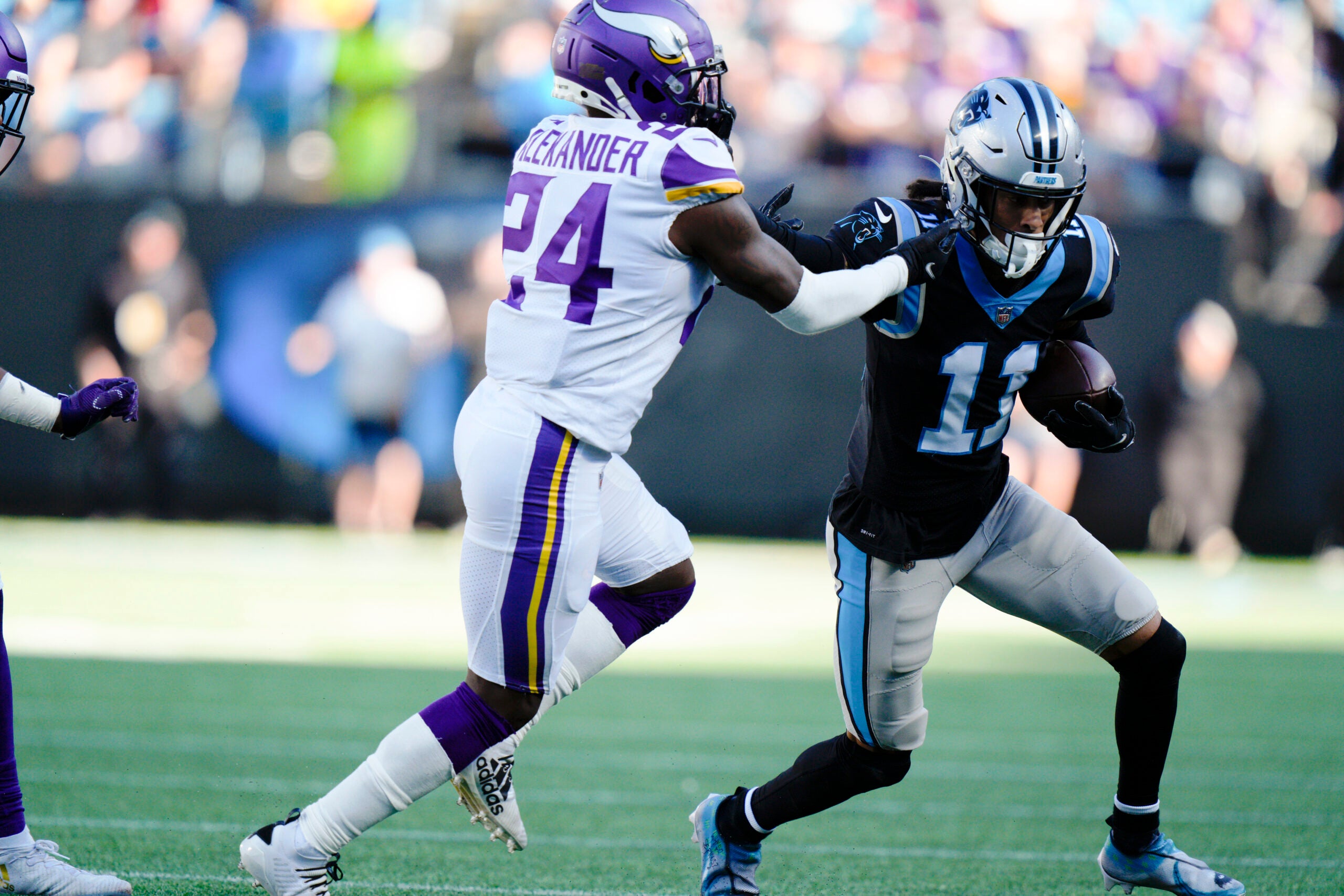 Carolina Panthers running back Christian McCaffrey warms up before an NFL  football game between the Carolina Panthers and the New England Patriots  Sunday, Nov. 7, 2021, in Charlotte, N.C. (AP Photo/Jacob Kupferman