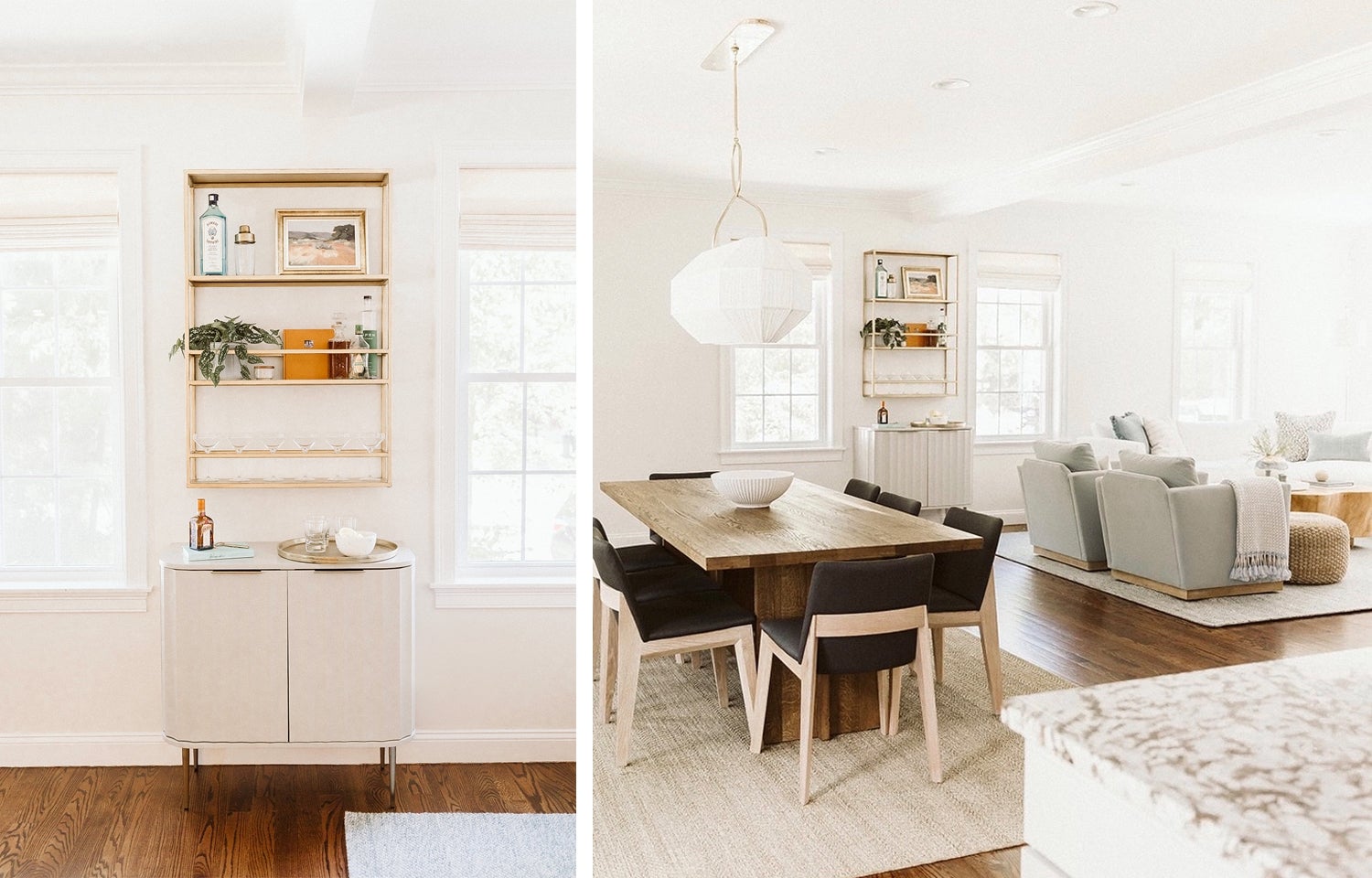 A detail shot of a home bar that is white with two cabinets and sits on two wooden legs. There is wooden open shelving above that holds plants, bottles, and other assorted items. The flooring is wood. The paired photo shows the entire room, which consists of, to the left, a modern wooden dining table for six with brown cushions under a wide, white geometric light fixture and, to the right, a pair of gray stuffed armchairs. One has a gray throw on it.