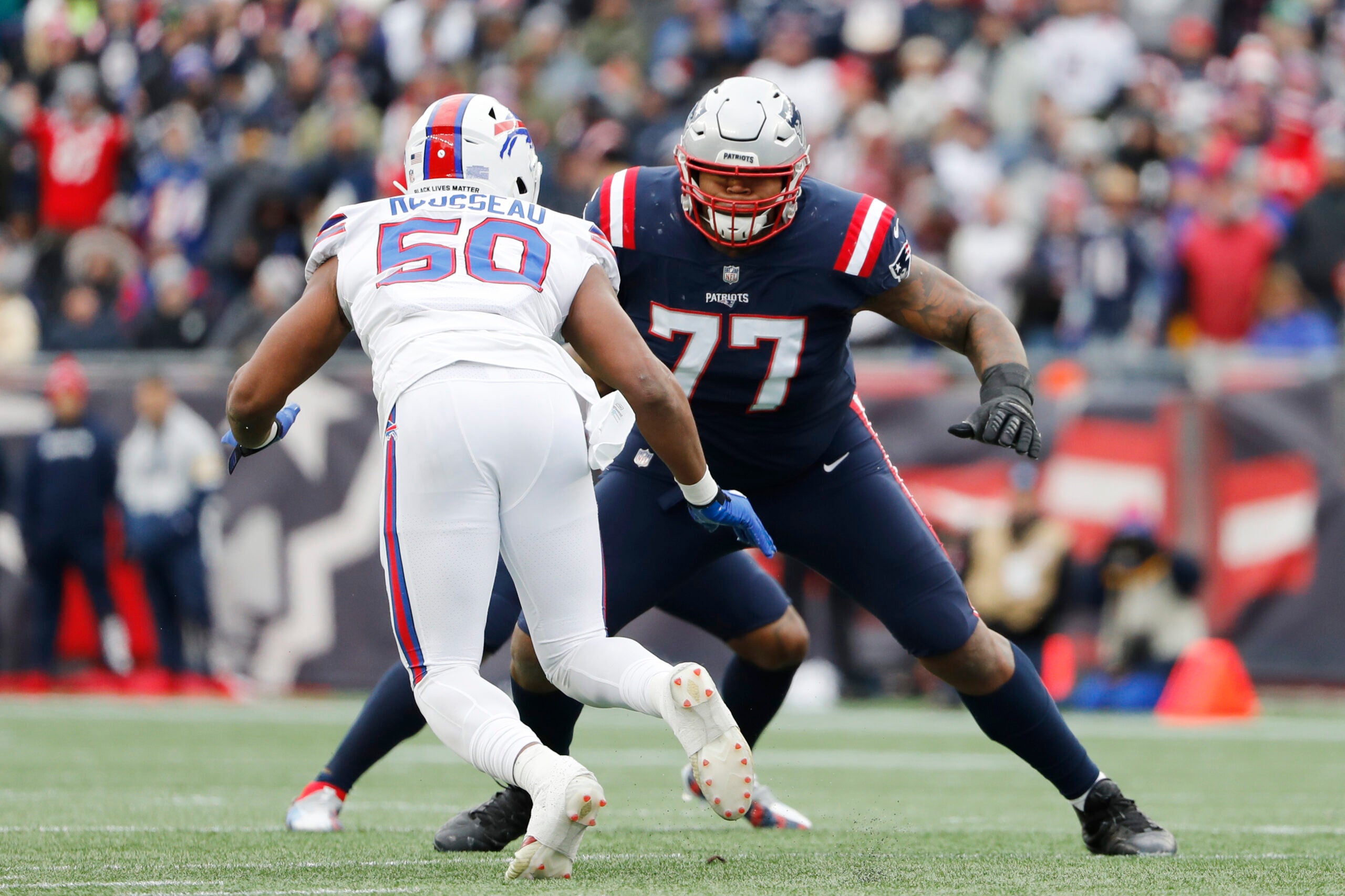 New England Patriots offensive lineman Trent Brown (77) stands on