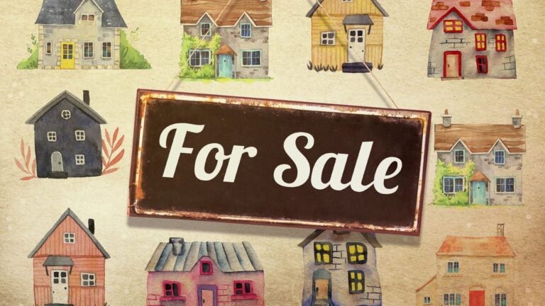 An illustration on a sepia background. Ten homes of various sizes and colors surround a for sale sign with a black background anda wooden frame. The homes are painted in a folk art style.