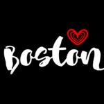 The word boston written in white cursive on a black background with a red heart