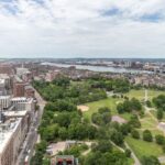 A view from this apartment looks out over Boston’s Back Bay neighborhood, the Boston Common, and the Public Garden, and the Charles River.