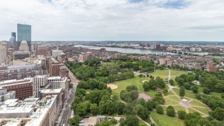 A view from this apartment looks out over Boston’s Back Bay neighborhood, the Boston Common, and the Public Garden, and the Charles River.