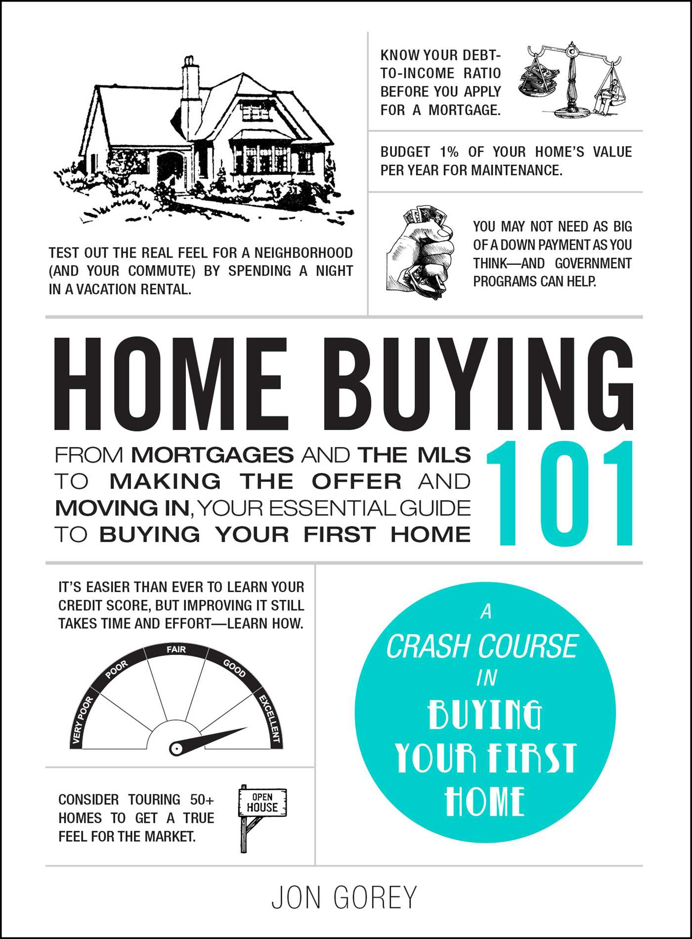 The cover of Jon Grorey's book,Home Buying 101. The cover features lots of black text on a white background. The title is in all caps in the middle.