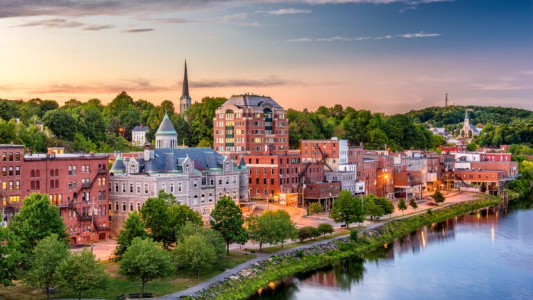 Augusta, Maine, USA downtown skyline on the Kennebec River.