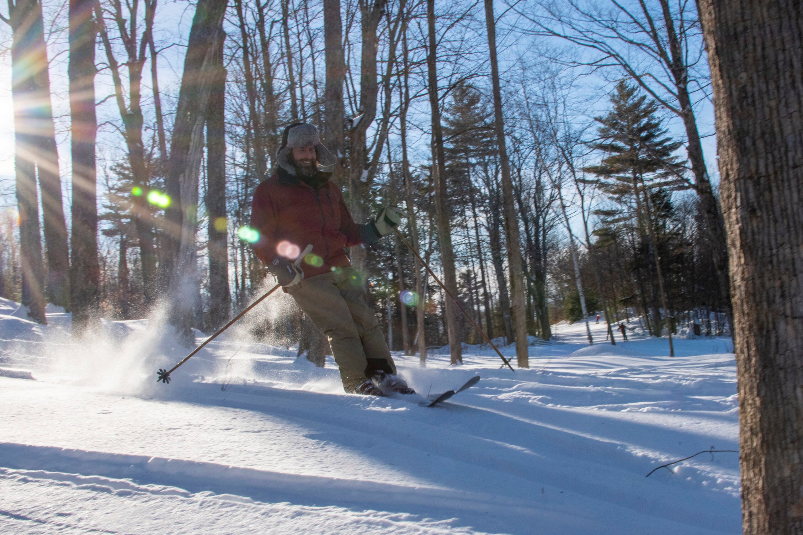 A skier at Ascutney Outdoors in Brownsville, Vt., in January 2022.