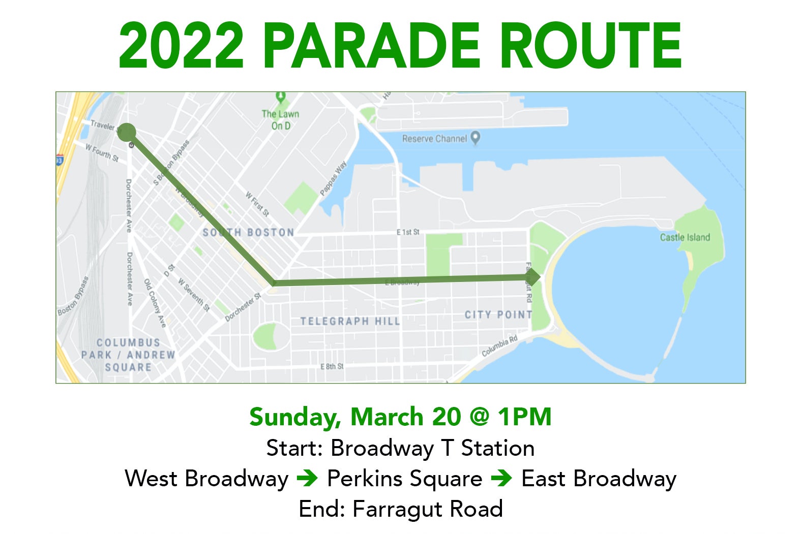 The parade route for the 2022 Boston St. Patrick's Day Parade.