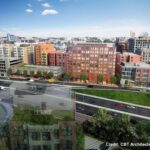 A rendering of the future Harvard Club development at 415 Newbury St. A highway runs in front of the buildings, and several multi-story buildings are visible in the background.