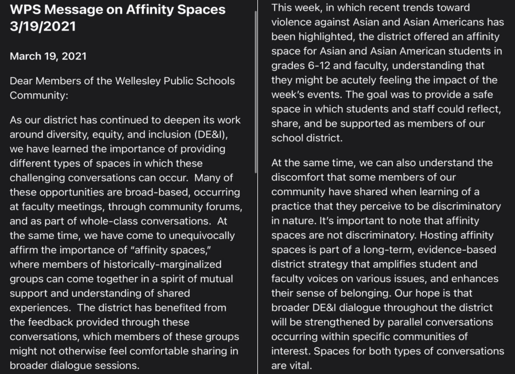 Wellesley schools settle lawsuit over ‘affinity groups’ for
students of color 1