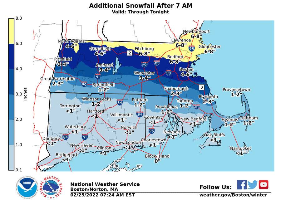 7 Boston MA snow maps Predictions for Friday, Feb. 25, 2022