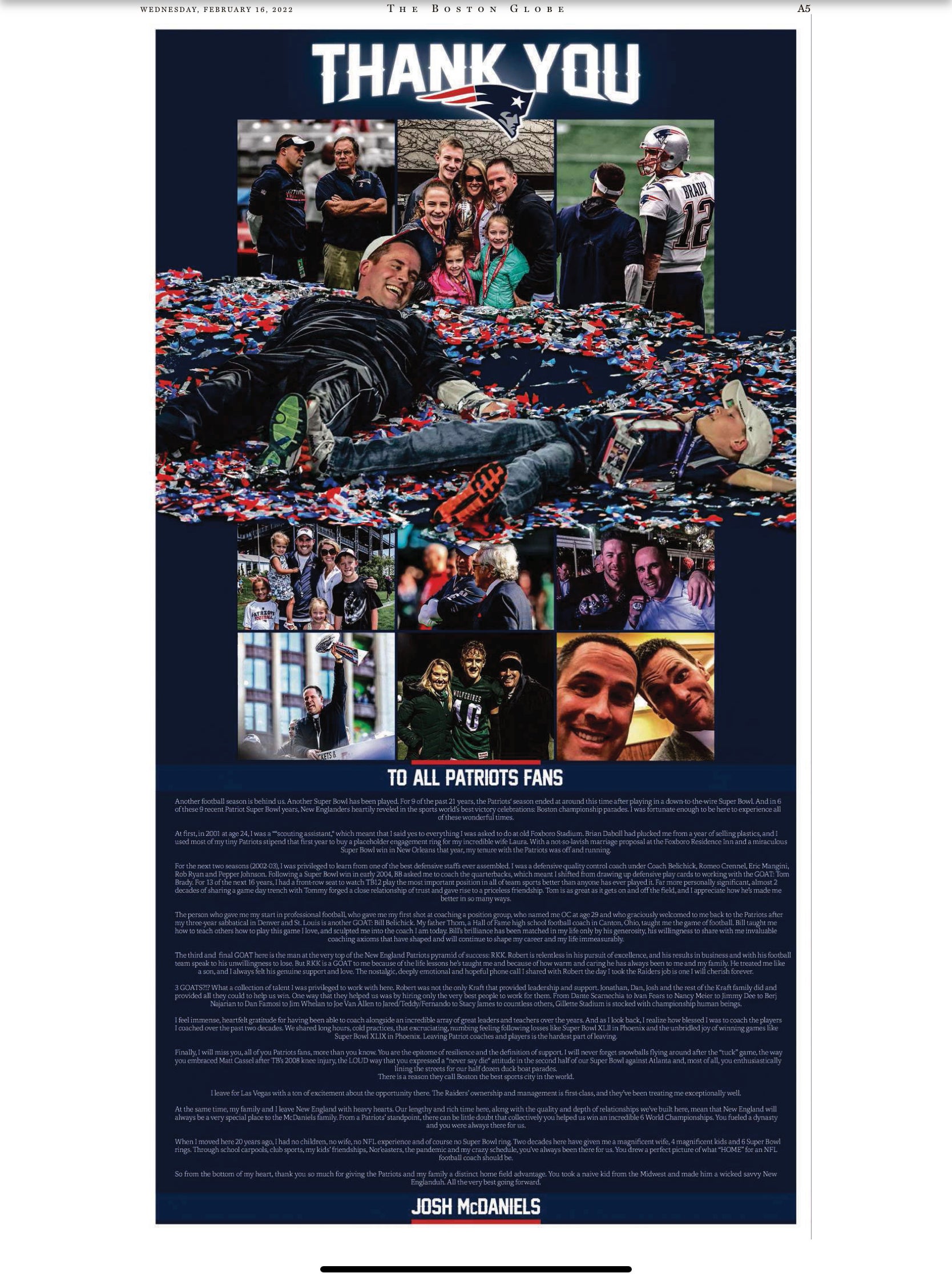 Here's the full-page ad Josh McDaniels used to thank Patriots fans