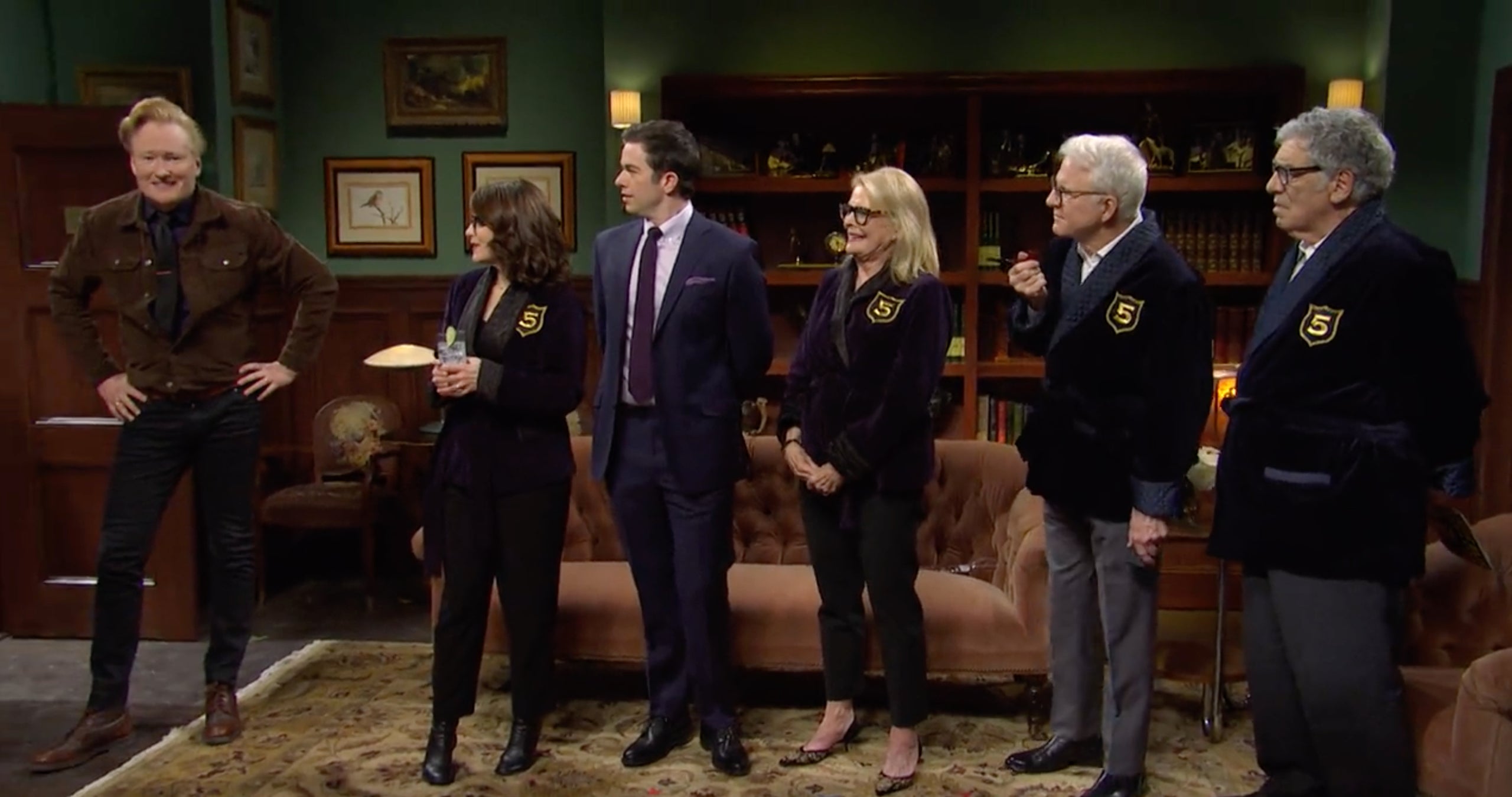 Conan O'Brien, Tina Fey, John Mulaney, Candice Bergen, and Steve Martin on the February 26 episode of "Saturday Night Live."