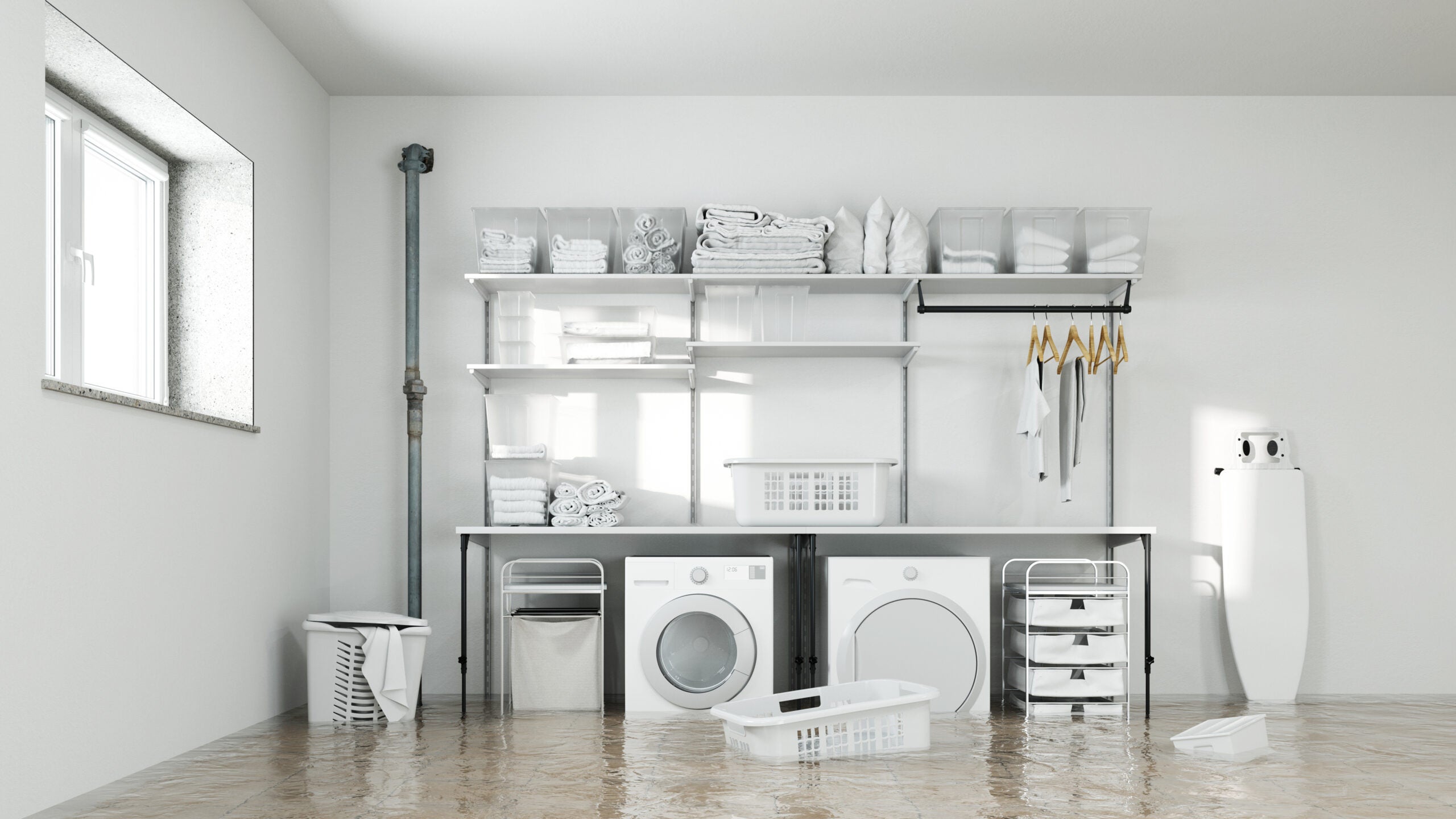 A flooded basement laundry area with white appliances and gray walls.