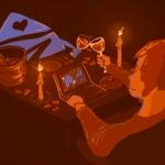 A graphic shows a person sitting at a candle-lit desk with a computer.